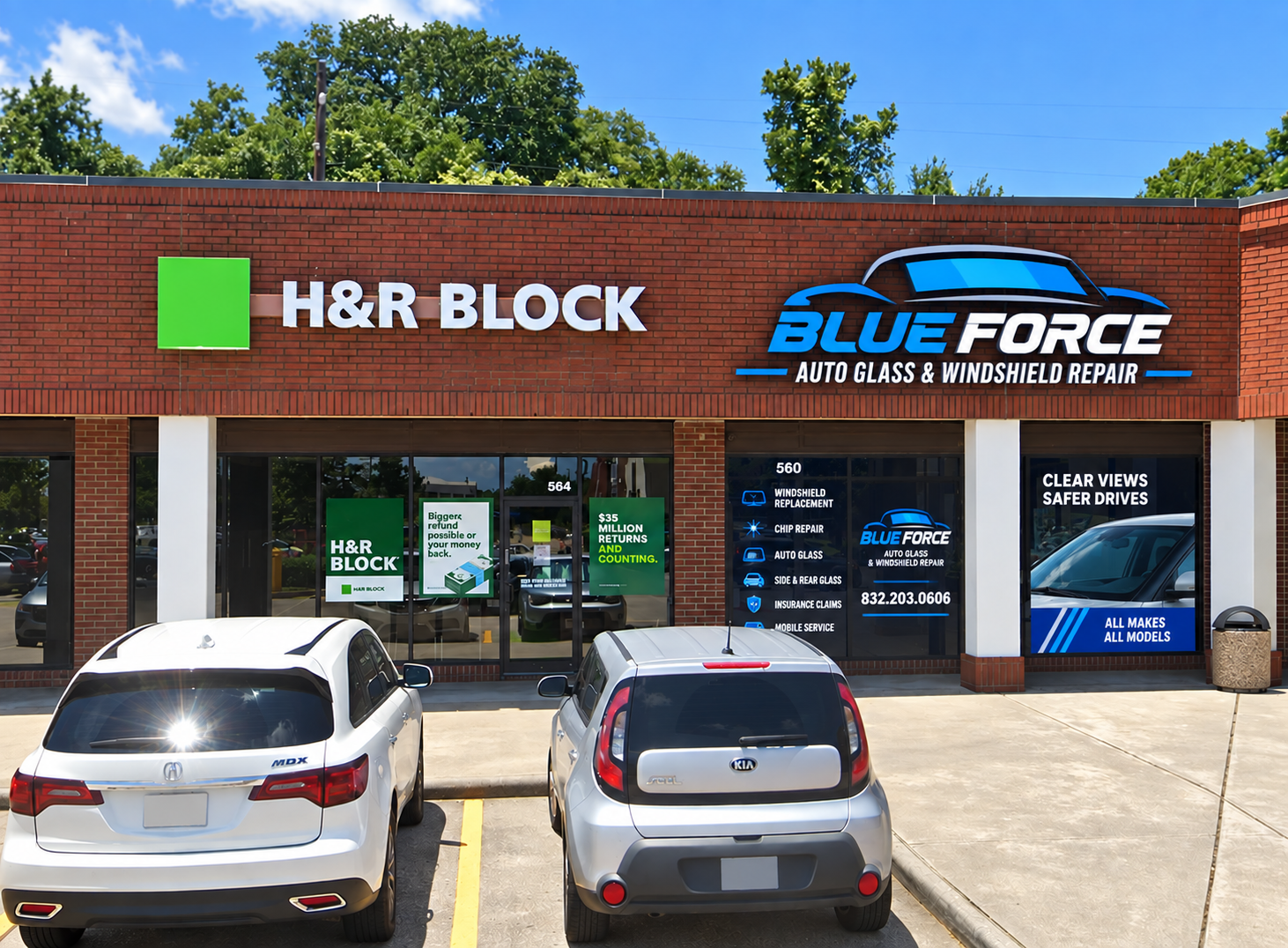 The Blue Force Auto Glass & Windshield Repairs storefront at 564 Sawdust Rd in Spring, TX